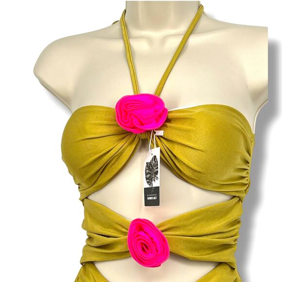 SWMMER LIKET NWT Olive Color Two Cut Out Halter Tie One Piece Swim Suit S Beach - Picture 3 of 7